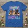 Happy Easter text with three Dachshund dogs wearing bunny ears and holding Easter baskets
