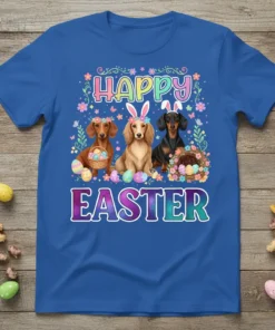 Happy Easter text with three Dachshund dogs wearing bunny ears and holding Easter baskets