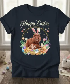 Happy Easter Dog T-Shirt with an Irish Setter wearing bunny ears and an Easter basket full of eggs
