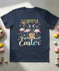 Happy Easter text with three pink flamingos and an Easter basket filled with eggs, on a navy t-shirt