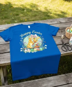 Happy Easter t-shirt design featuring a cute cartoon giraffe with bunny ears and an Easter basket filled with eggs, surrounded