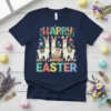 Happy Easter text with three cartoon llamas wearing bunny ears and carrying Easter baskets, surrounded by flowers and eggs