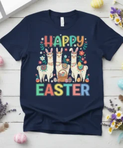 Happy Easter text with three cartoon llamas wearing bunny ears and carrying Easter baskets, surrounded by flowers and eggs
