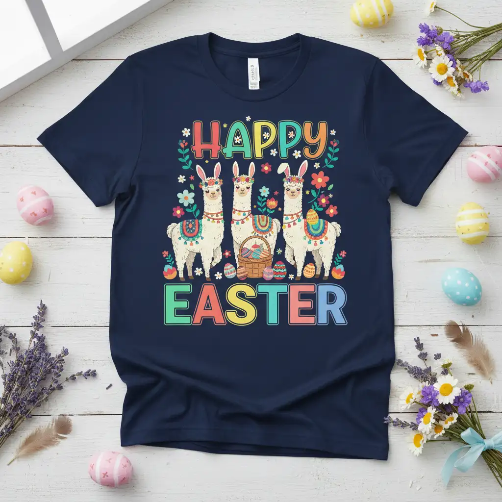 Happy Easter text with cartoon llamas in bunny ears and Easter baskets, surrounded by flowers and eggs on a t-shirt