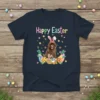 Happy Easter t-shirt with a brown Newfoundland dog wearing bunny ears and sitting in a basket of Easter eggs and