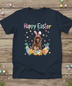 Happy Easter t-shirt with a brown Newfoundland dog wearing bunny ears and sitting in a basket of Easter eggs and