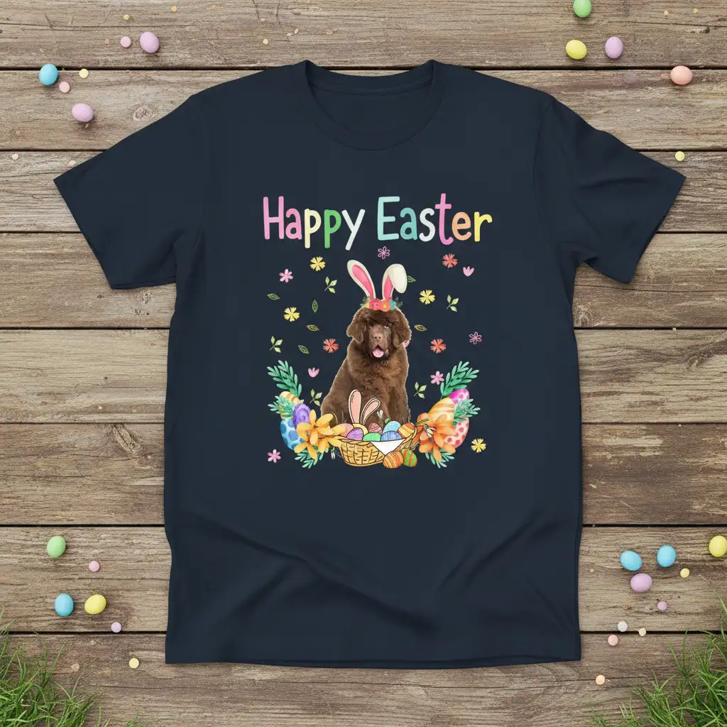 Happy Easter text with a Newfoundland dog wearing bunny ears and sitting in a festive Easter basket with eggs and flowers