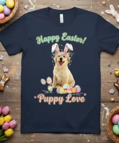 Happy Easter Puppy Love t-shirt design with a Golden Retriever wearing bunny ears and surrounded by Easter eggs