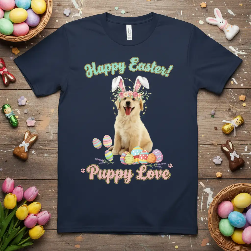 Happy Easter Puppy Love design with a smiling Golden Retriever puppy wearing bunny ears and Easter eggs