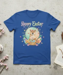 Happy Easter Shiba Inu Dog T-Shirt featuring a cute Shiba Inu in an Easter basket with colorful eggs and flowers