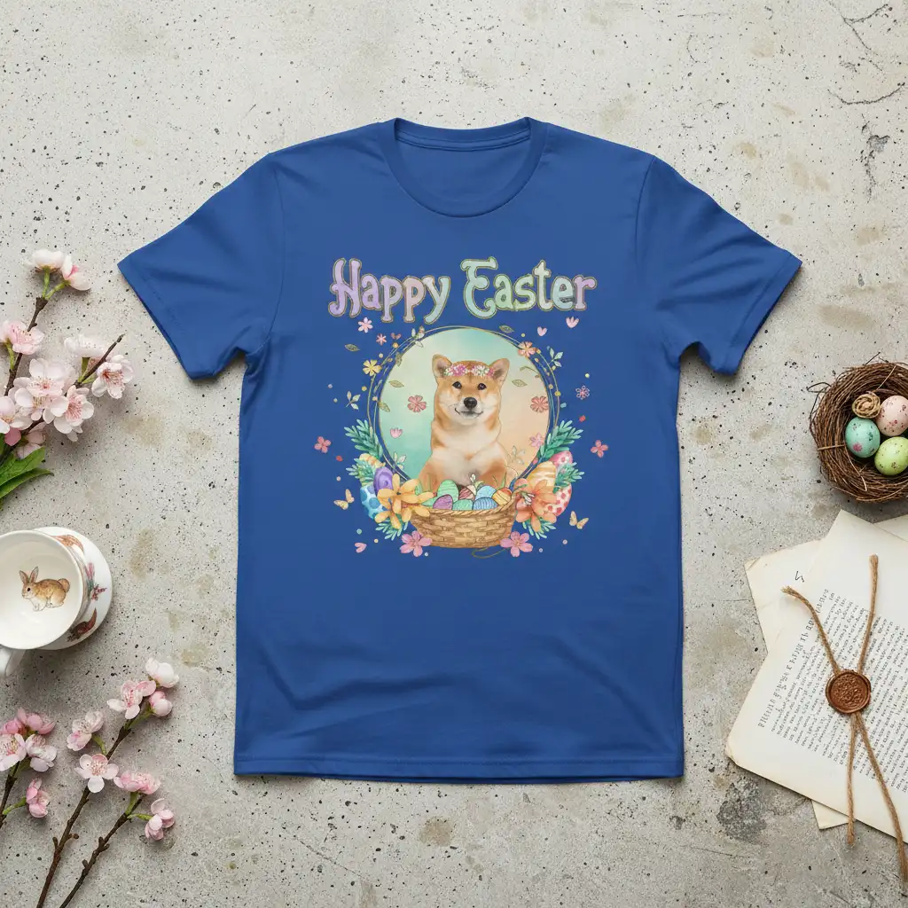 Happy Easter Shiba Inu T-Shirt with a cute dog in an Easter basket, floral accents, and pastel colors