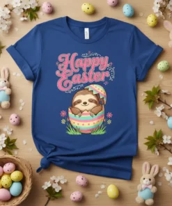 Happy Easter Sloth T-Shirt with a cute sloth in a colorful Easter egg, surrounded by flowers and text
