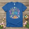 Happy Easter text with cute bunnies, chicks, and colorful Easter eggs in a basket, on a blue t-shirt
