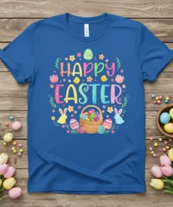 Happy Easter text with cute bunnies, chicks, and colorful Easter eggs in a basket, on a blue t-shirt