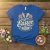 Happy Easter t-shirt with floral wreath, Easter eggs, and bunny ears graphic in pastel colors