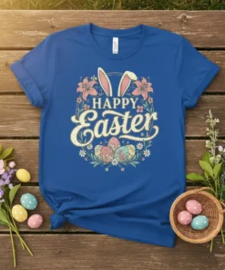 Happy Easter t-shirt with floral wreath, Easter eggs, and bunny ears graphic in pastel colors