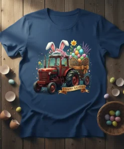 Happy Easter Tractor T-Shirt design with bunny ears on the tractor and a wagon filled with colorful Easter eggs and