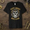 Black t-shirt with "Happy Enough Move Along" text and a detailed skull graphic with ornate gold accents