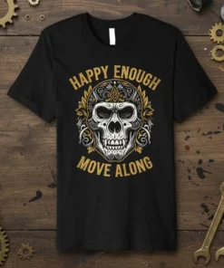 Black t-shirt with "Happy Enough Move Along" text and a detailed skull graphic with ornate gold accents
