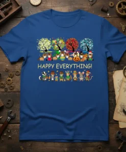 Happy Everything! text with a row of cute woodland animals and festive trees in various seasonal colors