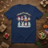 Happy Everything! text with cute gnomes dressed for various holidays on a navy t-shirt