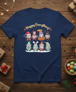 Happy Everything! text with cute gnomes dressed for various holidays on a navy t-shirt