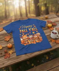 Happy Fall Y'All t-shirt design with a fox, owl, and squirrel holding baskets, surrounded by autumn leaves