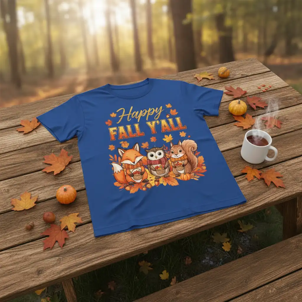 Happy Fall Y'All t-shirt design with cute fox, owl, and squirrel characters in autumnal setting