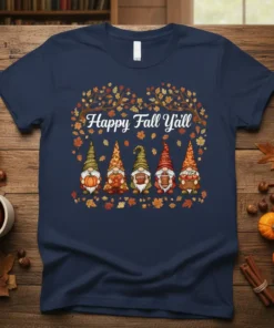 Happy Fall Y'all t-shirt design with five cute gnomes, autumn leaves, and tree branches