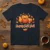 Happy Fall Y'all text design with pumpkins, acorns, leaves, and a slice of pie, on a navy t-shirt