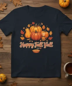 Happy Fall Y'all text design with pumpkins, acorns, leaves, and a slice of pie, on a navy t-shirt