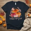 Happy Fall Y'all t-shirt design with watercolor pumpkins and pink flowers