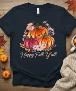 Happy Fall Y'all t-shirt design with watercolor pumpkins and pink flowers