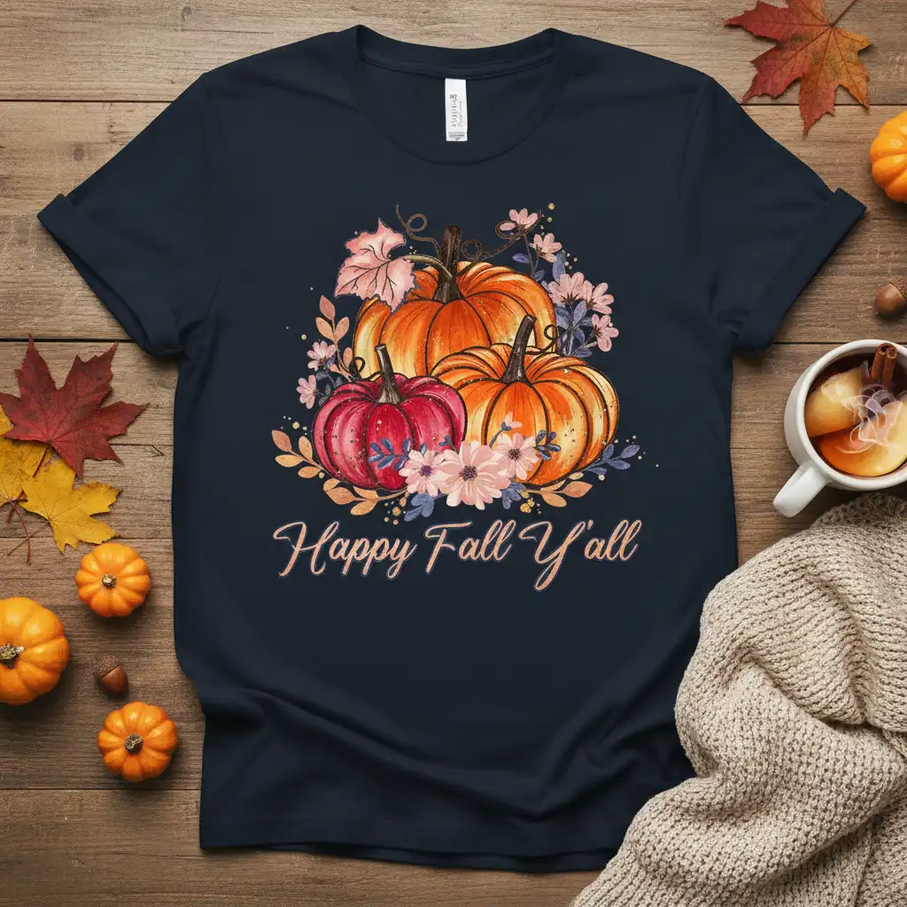 Happy Fall Y'all quote on a t-shirt with watercolor pumpkins and floral arrangement