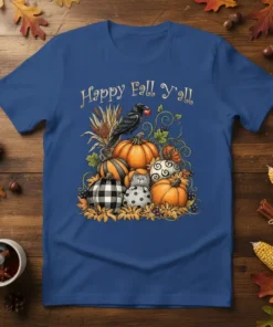 Happy Fall Y'all t-shirt with a crow on pumpkins, featuring autumn leaves and corn stalks
