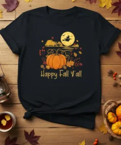 Happy Fall y'all t-shirt design with a pumpkin, witch flying, moon, and autumn leaves