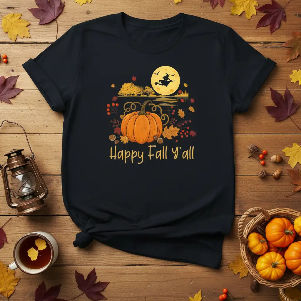 Happy Fall y'all phrase with pumpkin, witch silhouette, and moon on a dark t-shirt