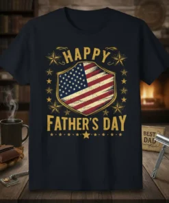 Happy Father's Day t-shirt with patriotic American flag shield design and stars
