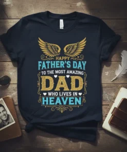 Happy Father's Day to the Most Amazing Dad Who Lives in Heaven t-shirt design with golden wings and decorative borders