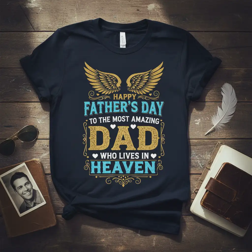 Happy Father's Day to the Most Amazing Dad Who Lives in Heaven quote t-shirt with celestial wings graphic