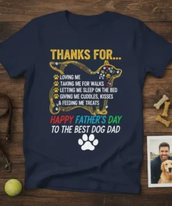 Navy t-shirt with text "HAPPY FATHER'S DAY TO THE BEST DOG DAD" and a cat outline filled with paw prints