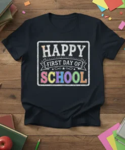 Happy First Day of School text design in chalk-style font on a black t-shirt, celebrating the start of the school