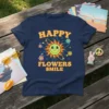 Happy Flowers Smile retro t-shirt design with a smiling sun surrounded by groovy flowers and radiating lines