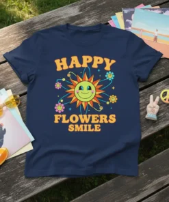 Happy Flowers Smile retro t-shirt design with a smiling sun surrounded by groovy flowers and radiating lines