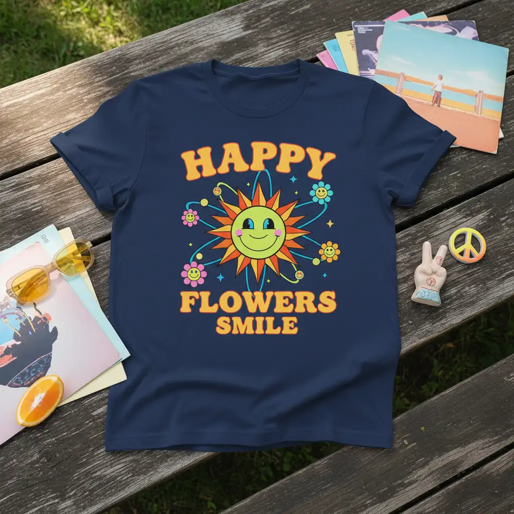 Happy Flowers Smile text and groovy smiling sun graphic on a retro-inspired t-shirt design