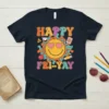 Retro style t-shirt with "HAPPY FRI-YAY" text and a smiling sun graphic wearing heart sunglasses