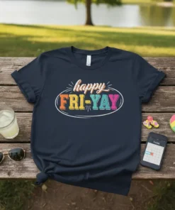 Navy t-shirt with colorful "happy FRI-YAY" text design, featuring retro typography and an oval outline