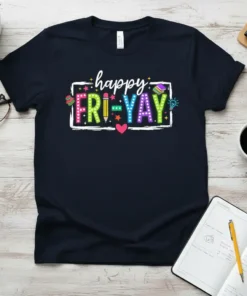 Happy Fri-Yay text design with colorful letters, pencils, books, and a lightbulb on a navy t-shirt