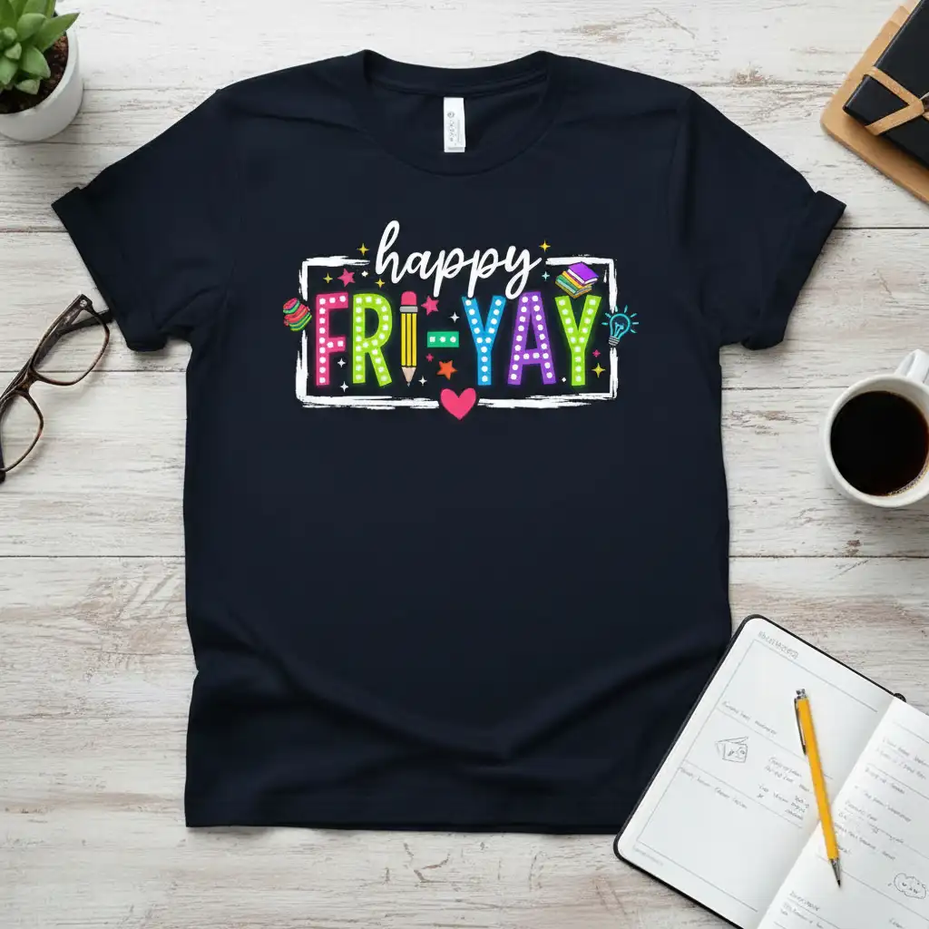 Happy Fri-Yay text with colorful school supplies graphic on a t-shirt