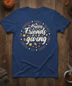 Happy Friends Giving t-shirt with circle text: Thankful, Turkey, Drinks, Games, Laughs, Pie, Friends, Fun